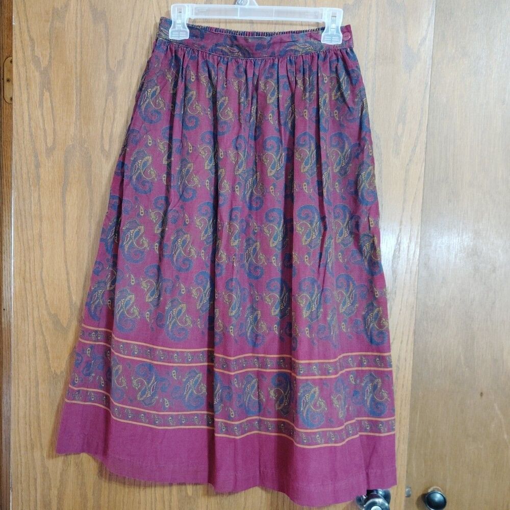 Vintage Karen Scott Skirt Sz 8 Midi Paisley Corduroy Wine Navy A Line Modest